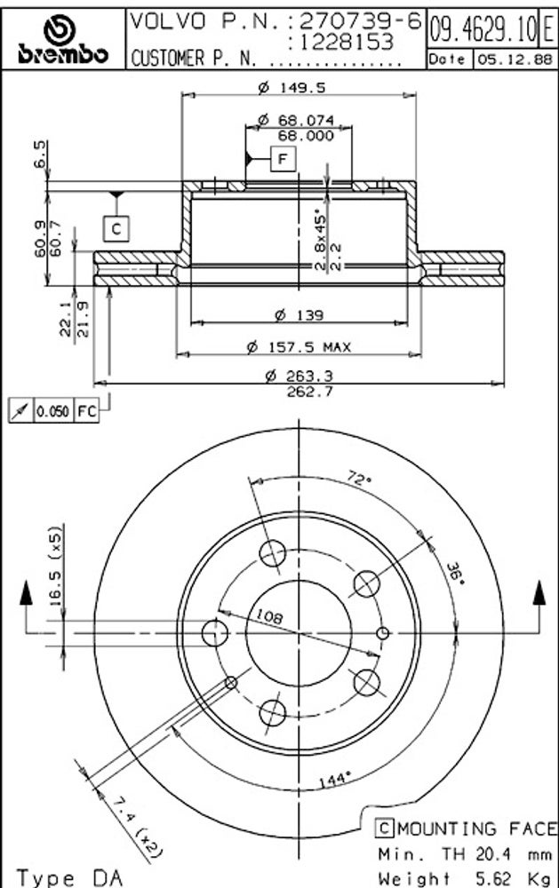 Bremseskive foran til Volvo 240 1975-93, Girling, ventilert, Brembo — bild 2 av 2